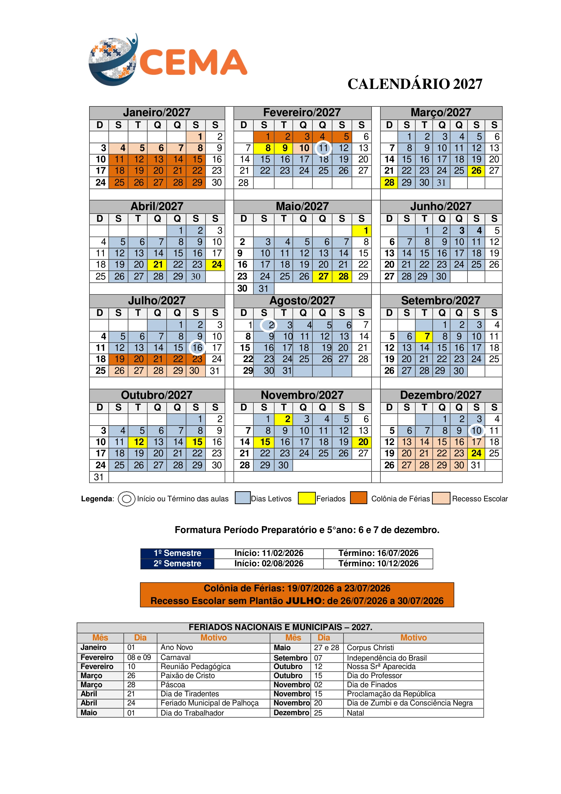 Calendário escolar completo de 2027 do CEMA, com os 12 meses e orientações.