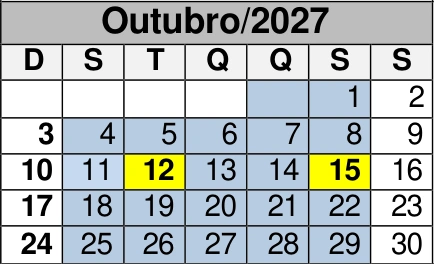 Outubro de 2027: reprodução do calendário oficial do CEMA, com as marcações de dias por cor.