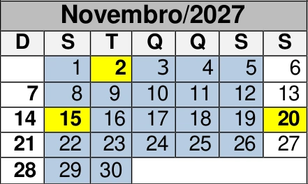 Novembro de 2027: reprodução do calendário oficial do CEMA, com as marcações de dias por cor.