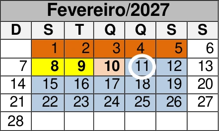 Fevereiro de 2027: reprodução do calendário oficial do CEMA, com as marcações de dias por cor.