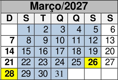 Março de 2027: reprodução do calendário oficial do CEMA, com as marcações de dias por cor.