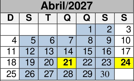 Abril de 2027: reprodução do calendário oficial do CEMA, com as marcações de dias por cor.