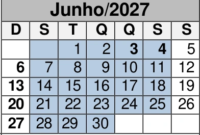 Junho de 2027: reprodução do calendário oficial do CEMA, com as marcações de dias por cor.