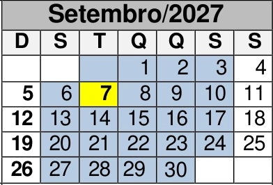 Setembro de 2027: reprodução do calendário oficial do CEMA, com as marcações de dias por cor.