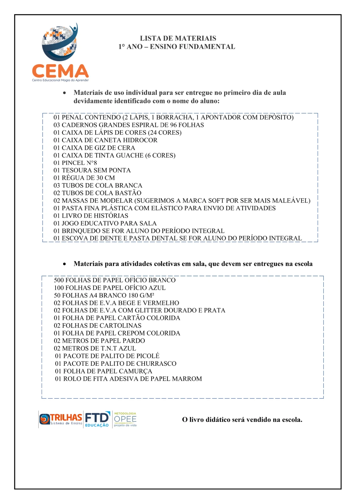 Lista de materiais de 1º ano, reprodução da página 1 do PDF de Ensino Fundamental.