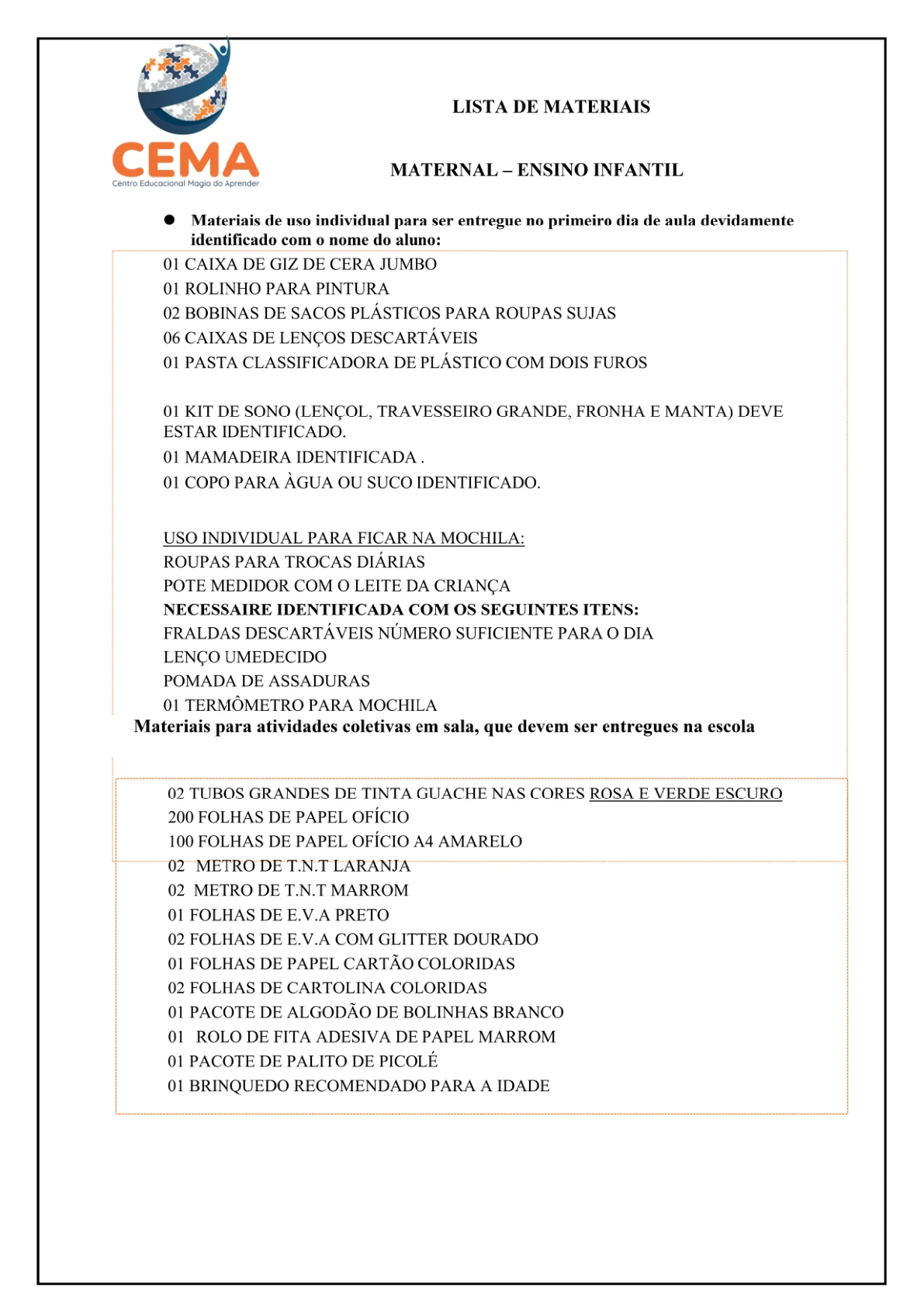 Lista de materiais de Maternal, reprodução da página 1 do PDF de Educação Infantil.