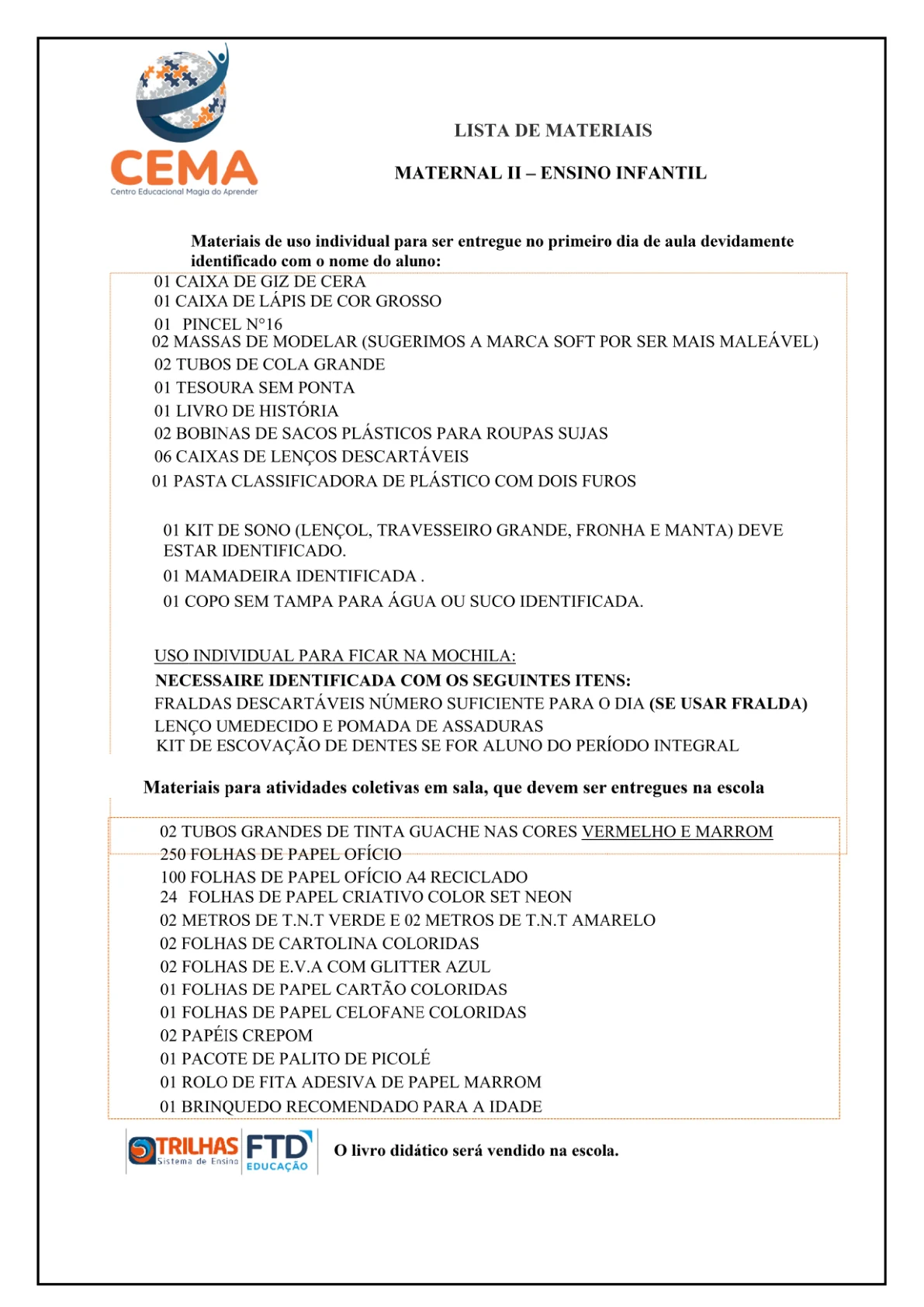 Lista de materiais de Maternal II, reprodução da página 3 do PDF de Educação Infantil.